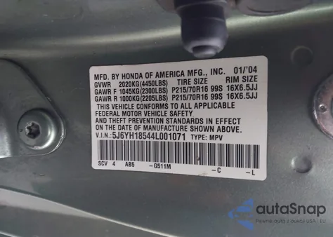 2004 Honda Element Ex z USA, uszkodzony, nr VIN 5J6YH18544L001071